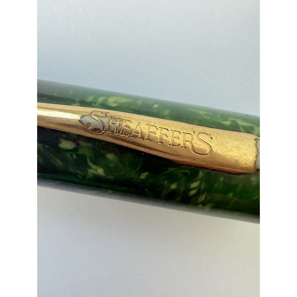 1920 Sheaffer Flat Top Full Sz 14k Nib Fountain Pen Jade Green Marbled White Dot